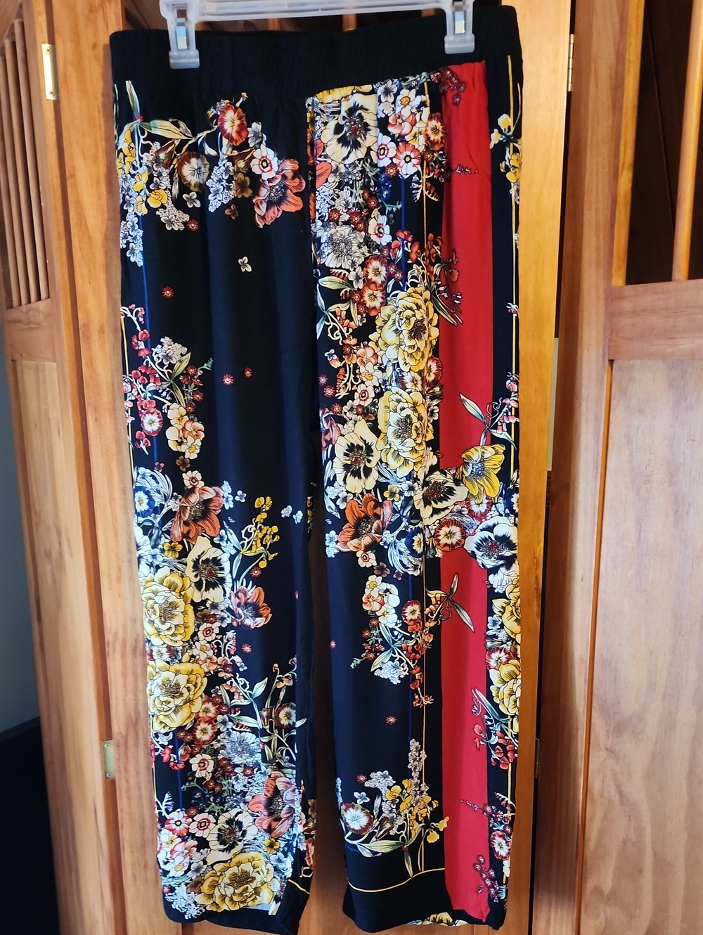 Cynthia Rowley Black Floral Pants with Red Panel
